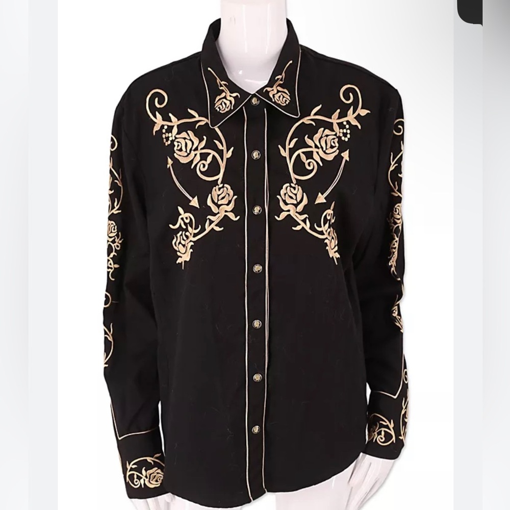 Scully Women’s Embroidered Western Shirt XL Black Roses Snap Front Rodeo